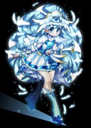 Rule 34 | 10s, 1girl, black background, blue eyes, blue footwear, blue hair, boots, closed mouth, cure ange, dress, earrings, feathers, full body, head wings, hugtto! precure, jewelry, knee boots, long hair, looking at viewer, magical girl, precure, senmu (0107), simple background, smile, solo, sparkle, tiara, white dress, wings, yakushiji saaya