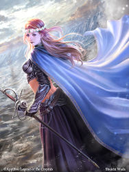 Rule 34 | 1girl, artist name, back, belt, blonde hair, blue eyes, cape, cloud, copyright name, fantasy, flower, gloves, hair flower, hair ornament, knight, legend of the cryptids, long hair, midriff, official art, shuichi wada, sky, solo, sparkle, sword, water, weapon