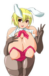Rule 34 | 1girl, animal ears, bare shoulders, blonde hair, breast suppress, breasts, curvy, elbow gloves, fake animal ears, female focus, gloves, huge breasts, leotard, nippleless clothes, nipples, pantyhose, playboy bunny, rabbit ears, red eyes, renges, simple background, solo, white background