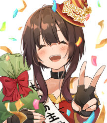 Rule 34 | 1girl, :d, ^ ^, alternate headwear, birthday, black choker, black gloves, black hair, blunt bangs, blush, bow, choker, closed eyes, commentary, confetti, double-parted bangs, dress, english text, fingerless gloves, gift, gift bag, gloves, happy, happy birthday, hat, highres, holding, holding gift, kono subarashii sekai ni shukufuku wo!, megumin, nut megu, open mouth, party hat, red bow, red dress, short hair with long locks, signature, simple background, smile, solo, teeth, upper body, upper teeth only, v, white background, wide sleeves