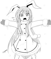 Rule 34 | 1girl, :d, animal ears, blush, rabbit ears, coat, fur trim, greyscale, happy, incoming hug, long hair, looking at viewer, mittens, monochrome, open mouth, outstretched arms, reisen udongein inaba, scarf, signature, simple background, smile, snow, solo, taurine 8000mg, touhou, twitter username, very long hair, white background
