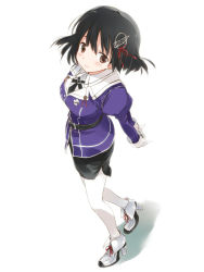 Rule 34 | 10s, 1girl, arms behind back, asoka, black hair, brown eyes, from above, full body, haguro (kancolle), hair ornament, kantai collection, looking at viewer, looking up, necktie, pantyhose, shoes, short hair, simple background, solo, white background, white pantyhose