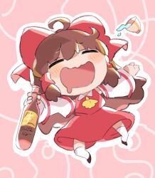 Rule 34 | 1girl, alcohol, ascot, bottle, bow, brown hair, chibi, cup, detached sleeves, drooling, drunk, frilled bow, frilled hair tubes, frills, hair bow, hair tubes, hakurei reimu, holding, holding bottle, mikako chan3, red bow, red skirt, ribbon-trimmed sleeves, ribbon trim, skirt, skirt set, sleeping, solo, touhou, unconscious, water, yellow ascot