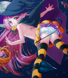 Rule 34 | 1girl, ass, bad id, bad pixiv id, bikini, bikini top only, bloomers, candy, cape, demon tail, fang, food, from behind, halloween, hat, highres, jack-o&#039;-lantern, leaning forward, lollipop, long hair, looking back, moon, mouth hold, night, night sky, original, pink eyes, pink hair, pointy ears, pumpkin, satie, skirt, sky, solo, star (sky), striped clothes, striped thighhighs, swimsuit, tail, thighhighs, trick or treat, underwear, underwear only, upskirt, very long hair, white bloomers, witch hat