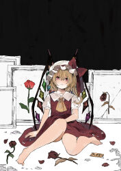 Rule 34 | 1girl, absurdres, ascot, bad feet, bare legs, barefoot, blonde hair, collared shirt, crystal, flandre scarlet, flower, full body, hat, hat ribbon, highres, medium hair, mob cap, multicolored wings, niseneko (mofumofu ga ienai), on floor, one side up, petals, puffy short sleeves, puffy sleeves, red eyes, red flower, red ribbon, red rose, red skirt, red vest, ribbon, rose, rose petals, shirt, short sleeves, sitting, skirt, skirt set, solo, touhou, vest, white hat, white shirt, wings, withered, yellow ascot