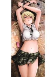 Rule 34 | 1girl, absurdres, armpits, arms up, blonde hair, blue eyes, bomb, breasts, btooom!, camouflage, cellphone, cellphone charm, charm (object), cowboy shot, cuffs, explosive, handcuffs, highres, himiko (btooom!), inoue jun&#039;ya, large breasts, long hair, lying, midriff, nail polish, navel, necktie, official art, on back, open mouth, phone, pleated skirt, restrained, rotated, scan, shirt, skirt, solo, thigh gap, torn clothes, torn shirt, torn skirt, woodland camouflage