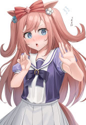 Rule 34 | @ @, absurdres, agnes digital (umamusume), animal ears, blue eyes, blush, bow, breasts, commentary request, flying sweatdrops, hair bow, highres, horse ears, horse girl, horse tail, looking at viewer, ooeyama, open mouth, pink hair, school uniform, simple background, small breasts, tail, tracen school uniform, translated, umamusume, white background