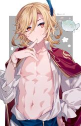 Rule 34 | 1boy, azuma (azuma10270724), blonde hair, cape, feather hair ornament, feathers, genshin impact, hair between eyes, hair ornament, kaveh (genshin impact), long sleeves, male focus, muscular, muscular male, navel, nipples, open clothes, open shirt, red cape, red eyes, shirt, slime (genshin impact), solo, stomach, white shirt