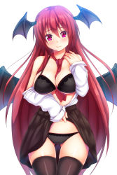 Rule 34 | 1girl, bat wings, between breasts, black bra, black panties, black thighhighs, blush, bra, breasts, cleavage, clothes lift, dress shirt, ebi 193, female focus, head wings, koakuma, large breasts, long hair, looking at viewer, necktie, necktie between breasts, off shoulder, open clothes, open shirt, panties, red eyes, red hair, red necktie, revision, shirt, simple background, skirt, skirt lift, smile, solo, thighhighs, touhou, underwear, very long hair, white background, wings