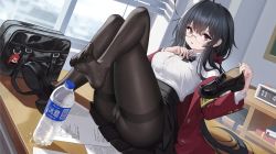 Rule 34 | 1girl, absurdres, analog clock, armband, azur lane, black bow, black bowtie, black hair, black pantyhose, black skirt, blazer, bottle, bow, bowtie, bra visible through clothes, breasts, button gap, clock, crossed legs, desk, dutch angle, feet, glasses, hand on own chest, highres, honolulu (azur lane), honolulu (umbrella girl) (azur lane), jacket, large breasts, long hair, looking at viewer, mary janes, on desk, open mouth, panties, panties under pantyhose, pantyhose, pantyshot, pleated skirt, qianqiu wanxia, red eyes, school uniform, shirt, shirt tucked in, shoes, unworn shoes, sitting, skirt, soles, taihou (azur lane), taihou (sweet time after school) (azur lane), thighband pantyhose, toes, underwear, water bottle, white shirt, yellow armband
