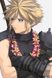 Rule 34 | 1boy, armor, black gloves, blonde hair, blue eyes, buster sword, cloud strife, commentary, crossed arms, earrings, final fantasy, final fantasy vii, final fantasy vii rebirth, final fantasy vii remake, flower, gloves, grey background, highres, jewelry, kinagi (3307377), looking to the side, male focus, parted lips, ribbed sweater, short hair, shoulder armor, single bare shoulder, sleeveless, sleeveless turtleneck, solo, spiked hair, stud earrings, sweater, sword, turtleneck, turtleneck sweater, upper body, weapon, weapon on back