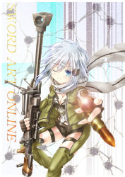 Rule 34 | 10s, 1girl, anti-materiel rifle, bolt action, breasts, bullet, bullet hole, cleavage, gun, one eye closed, pgm hecate ii, rifle, scarf, shion (kawasemi), sinon, sniper rifle, sword art online, thighhighs, weapon, wink