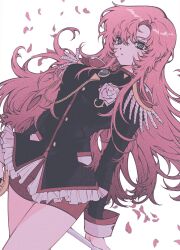 Rule 34 | 1girl, aiguillette, black jacket, blue eyes, cherry blossoms, commentary, epaulettes, expressionless, falling petals, flower, highres, jacket, long hair, long sleeves, looking at viewer, military uniform, petals, pikurusu, pink flower, pink hair, red shorts, rose, shorts, shoujo kakumei utena, solo, symbol-only commentary, tenjou utena, uniform, white background, white flower, white rose