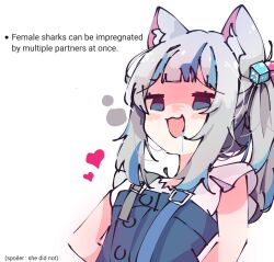 Rule 34 | 1girl, animal ear fluff, animal ears, blue eyes, blue hair, blunt bangs, blush, buttons, cat ears, commentary, dice hair ornament, drooling, empty eyes, english commentary, english text, frilled sleeves, frills, gawr gura, gawr gura (casual), grey hair, hair ornament, heart, heart-shaped pupils, highres, hololive, hololive english, kemonomimi mode, koyoinacho, looking at viewer, medium hair, multicolored hair, official alternate costume, one side up, open mouth, pink pupils, saliva, shaded face, shark girl, shirt, short sleeves, sidelocks, simple background, solo, streaked hair, suspenders, symbol-shaped pupils, upper body, virtual youtuber, white background, white shirt