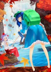 Rule 34 | 2girls, ass, backpack, bad id, bad pixiv id, bag, barefoot, blue eyes, blue hair, boots, unworn boots, detached sleeves, female focus, fishing, fishing rod, hair bobbles, hair ornament, holding, holding fishing rod, inubashiri momiji, kawashiro nitori, leaf, leaning forward, looking at viewer, looking back, maple leaf, multiple girls, one eye closed, randoseru, river, rubber boots, shoes, unworn shoes, short hair, silver hair, sitting, smile, touhou, twintails, two side up, water, waterfall, wet, wink, yaten