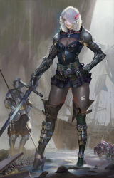 Rule 34 | 1girl, 3boys, armor, belt, blue eyes, bodysuit, breasts, cleavage, cleavage cutout, clothing cutout, contrapposto, elf, full body, gluteal fold, hand on own hip, helmet, high heels, highres, horse, looking at viewer, mag (huangmag), medium hair, multiple boys, original, pale skin, pauldrons, pointy ears, rain, sails, ship, shoulder armor, skin tight, smile, spine, standing, sword, torn bodysuit, torn clothes, vambraces, watercraft, weapon, white hair