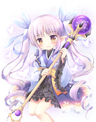 Rule 34 | 1girl, blue kimono, blue ribbon, blush, bow, brown eyes, commentary request, hair ribbon, holding, holding staff, japanese clothes, kimono, kyouka (princess connect!), long hair, long sleeves, looking at viewer, nanase miori, orb, parted lips, pointy ears, princess connect!, purple hair, ribbon, sidelocks, sitting, solo, staff, twintails, very long hair, wide sleeves, yellow bow