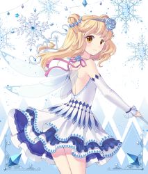 Rule 34 | 1girl, arm warmers, bell, blonde hair, brown eyes, dress, fairy, fairy wings, flower, hair flower, hair ornament, highres, holding, holding staff, jewelry, looking back, mitsu masaya, necklace, original, smile, snowflakes, solo, staff, standing, tiara, white background, white dress, wings