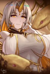 Rule 34 | 1girl, blonde hair, breasts, ciderwrath, fire emblem, fire emblem heroes, gullveig (fire emblem), large breasts, long hair, looking at viewer, multicolored hair, nintendo, oni horn, sideboob, signature, snake, solo, tagme, white hair, yellow eyes
