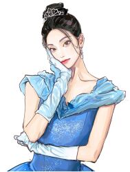 Rule 34 | 1girl, black hair, blue dress, blue gloves, chinese commentary, collarbone, dress, earrings, flat chest, gloves, grey eyes, hair behind ear, hand on own cheek, hand on own face, head tilt, highres, jewelry, jiu hao taiyang de shexian, light smile, looking at viewer, mole, mole on nose, original, pink lips, realistic, solo, tiara, upper body, white background