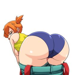 Rule 34 | absurdres, ass, asymmetrical hair, back, bare legs, breasts, cameltoe, creatures (company), denim, denim shorts, game freak, green eyes, gym leader, hair tie, highres, huge ass, large breasts, legs, markbox, misty (pokemon), nintendo, nipples, on bed, orange hair, pokemon, pokemon (anime), pokemon sm042, pokemon sm (anime), ponytail, red hair, shirt, short hair, short shorts, shorts, side ponytail, solo, suspenders, tank top, thick thighs, thighs, wide hips, yellow shirt, yellow tank top