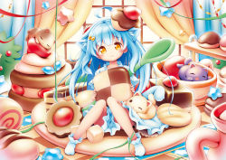 Rule 34 | 1girl, ahoge, aikei ake, animal, animal ear fluff, animal ears, blue hair, blush, bow, cake, cat, cat ears, cat girl, cat tail, checkerboard cookie, closed mouth, commentary request, cookie, cup, curtains, dress, food, food on head, hair bow, head tilt, highres, holding, holding food, in container, in cup, in food, indoors, knees together feet apart, knees up, long hair, looking at viewer, no shoes, object on head, orange eyes, original, plate, short sleeves, sitting, smile, socks, solo, star (symbol), swiss roll, tail, thumbprint cookie, very long hair, white dress, white socks, window, yellow bow
