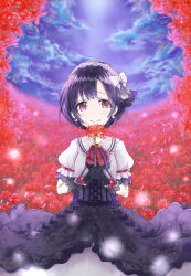 Rule 34 | 1girl, ascot, black gloves, black hair, black ribbon, blush, bow, bracelet, brooch, brown eyes, cloud, commentary request, cowboy shot, dress, earrings, field, floral print, flower, flower field, gloves, gothic lolita, hair bow, hair ornament, hairband, highres, holding, holding flower, idolmaster, idolmaster cinderella girls, idolmaster cinderella girls starlight stage, jewelry, light particles, lolita fashion, myk (my myk), night, night sky, own hands together, puffy short sleeves, puffy sleeves, ribbon, shiragiku hotaru, short hair, short sleeves, sky, smile, solo, spider lily, wrist ribbon