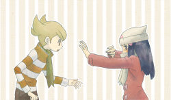Rule 34 | 1boy, 1girl, alternate costume, angry, artist request, barry (pokemon), beanie, blonde hair, blue hair, coat, creatures (company), dawn (pokemon), game freak, green scarf, hat, long hair, nintendo, pokemon, pokemon dppt, red coat, scarf, striped clothes, striped sweater, sweater, tears, white scarf, winter clothes