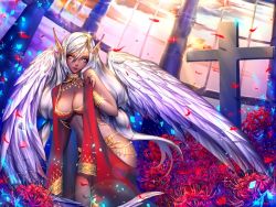 Rule 34 | 1girl, blue eyes, breasts, cleavage, cloud, cross, dress, feathered wings, flower, glint, glowing, hair between eyes, heterochromia, jewelry, leaning forward, light rays, lips, long hair, looking at viewer, low twintails, original, petals, pink sky, pointy ears, red dress, red eyes, silver hair, sky, solo, sparkle, spider lily, strap gap, twintails, very long hair, white wings, window, wings, yuanchuang