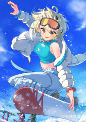 Rule 34 | 1girl, animification, annoyed, bird, blonde hair, boots, breasts, cloud, cropped sweater, down jacket, duck, earrings, evie (fortnite), flamingo, fortnite, fur boots, goggles, goggles on head, highres, hoop earrings, jacket, jewelry, looking at viewer, medium breasts, mikio (onibotan), navel, off shoulder, pants, red lips, ribbed sweater, short hair, sky, sleeveless, sleeveless sweater, smile, summitseeker evie (fortnite), sweater, twitter username, white footwear, white jacket, white pants