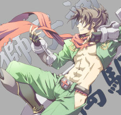 Rule 34 | 1boy, arc system works, bad id, bad pixiv id, blazblue, brown hair, gloves, grey background, male focus, saiki (hermit), scar, scarf, topless male, shishigami bang, smile, solo
