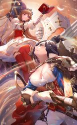 Rule 34 | 2girls, ark royal (azur lane), azur lane, bare shoulders, bible (object), black gloves, black hair, blue coat, blue eyes, book, breasts, cleavage, cleavage cutout, clothing cutout, coat, commentary, crown, dress, duel, english commentary, flag, french flag, gloves, gun, highlander z, highres, holding, holding book, holding flag, holding gun, holding weapon, juliet sleeves, long hair, long sleeves, looking at another, medium breasts, multiple girls, orange hair, pants, puffy sleeves, purple eyes, red thighhighs, retrofit (azur lane), richelieu (azur lane), rifle, serious, short dress, short hair, smile, thigh strap, thighhighs, underbust, watermark, weapon, white dress, white gloves, white pants