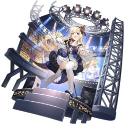 Rule 34 | 1girl, :d, artist request, azur lane, black choker, blonde hair, blue dress, blue eyes, choker, crown, dress, fang, frilled dress, frills, full body, highres, holding, idol, long hair, long sleeves, looking at viewer, mary janes, microphone, microphone stand, mini crown, music, off shoulder, official art, open mouth, pointing, queen elizabeth (one night of the queen) (azur lane), queen elizabeth (azur lane), shoes, singing, smile, solo, speaker, stage, stage lights, standing, thighhighs, transparent background, v-shaped eyebrows, very long hair, white thighhighs, wide sleeves