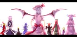 Rule 34 | 6+girls, back, bat wings, blonde hair, cirno, daiyousei, embodiment of scarlet devil, flandre scarlet, from behind, green hair, hat, head wings, hong meiling, izayoi sakuya, koakuma, letterboxed, lineup, long hair, maid, maid headdress, multiple girls, outstretched arms, patchouli knowledge, purple hair, ram hachimin, red hair, remilia scarlet, rumia, short hair, side ponytail, silver hair, spread arms, touhou, very long hair, wings