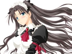 Rule 34 | 00s, 1girl, ascot, black hair, blush, fate/stay night, fate (series), green eyes, jewelry, long hair, maid, maid headdress, pin.x, puffy sleeves, ribbon, simple background, solo, sweatdrop, tohsaka rin, two side up, upper body, white background