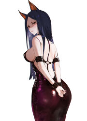 Rule 34 | 1girl, absurdres, alternate costume, animal ears, arknights, arms behind back, ass, backless dress, backless outfit, bare shoulders, bdsm, black hair, bondage, bound, bound arms, breasts, brown eyes, dobermann (arknights), dog ears, dress, highres, large breasts, latex, latex dress, long hair, looking at viewer, looking back, mole, mole under eye, parted bangs, parted lips, purple dress, sawaki ken, scowl, shaded face, sideboob, simple background, solo, sweat, white background