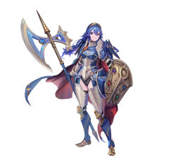 Rule 34 | 1girl, absurdres, armor, armored boots, axe, battle axe, blue eyes, blue hair, boots, cape, closed mouth, commentary request, faulds, fire emblem, fire emblem (object), fire emblem awakening, fire emblem heroes, full body, gauntlets, gesoking, gloves, gold trim, great knight (fire emblem awakening), highres, holding, holding shield, holding weapon, jewelry, long hair, looking at viewer, lucina (fate&#039;s resolve) (fire emblem), lucina (fire emblem), nintendo, official art, shield, shoulder armor, simple background, smile, solo, standing, tiara, weapon, white background