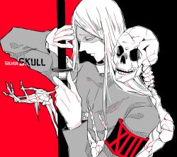 Rule 34 | 1boy, abara hanbee, arm up, armband, awara kayu, black armband, black background, commentary request, english text, from side, hand up, holding, holding sword, holding weapon, katana, long hair, long sleeves, male focus, red armband, red background, simple background, skeleton, skull, solo, sword, tokyo ghoul, tokyo ghoul:re, weapon