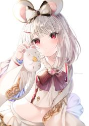 Rule 34 | 1girl, = =, animal, animal ears, backlighting, bad id, bad twitter id, blush, bow, brooch, brown bow, cheese, closed eyes, closed mouth, collared shirt, commentary, food, granblue fantasy, grey hair, hair bow, hair ornament, hairclip, hand up, heart, heart brooch, highres, holding, holding animal, jewelry, long hair, long sleeves, mafuyu (chibi21), midriff, mouse (animal), mouse ears, navel, pleated skirt, red eyes, shirt, simple background, skirt, sleeves past wrists, solo, symbol-only commentary, twitter username, vikala (granblue fantasy), white background, white bow, white shirt, white skirt