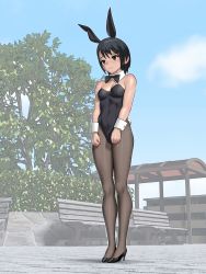 Rule 34 | 1girl, androgynous, animal ears, bare shoulders, bench, black bow, black bowtie, black footwear, black hairband, black leotard, black pantyhose, blush, bow, bowtie, breasts, brown eyes, building, bus stop, cleavage, commentary, detached collar, embarrassed, fake animal ears, from below, full body, hairband, hands on own thighs, herikutsu ryuutsuu center, high heels, highres, leotard, light frown, looking ahead, nose blush, original, pantyhose, park, park bench, playboy bunny, rabbit ears, rabbit tail, raised eyebrows, short hair, sleeveless, small breasts, solo, standing, tail, tomboy, tree, white bow, white bowtie, wrist cuffs