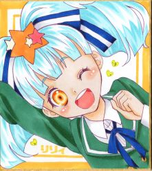 Rule 34 | 10s, 1girl, absurdres, ayanagi honpo, blue hair, bow, commentary request, female focus, green hair, hair bow, hair ornament, hair ribbon, highres, hoshikawa lily, long hair, marker (medium), open mouth, ribbon, shikishi, solo, star (symbol), star hair ornament, traditional media, twintails, zombie land saga