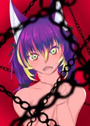 Rule 34 | 1girl, absurdres, animal ears, blonde hair, blue hair, chain, dire wolf (kemono friends), extra ears, green eyes, highres, kemono friends, kemono friends v project, long hair, looking at viewer, multicolored hair, nekomimi illust, open mouth, red background, ribbon, simple background, solo, twintails, two-tone hair, virtual youtuber, wolf ears, wolf girl