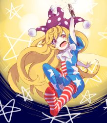 Rule 34 | 1girl, aliun, american flag dress, american flag legwear, bad id, bad pixiv id, blonde hair, clownpiece, collar, fang, fire, frilled collar, frilled shirt collar, frills, hat, holding, jester cap, long hair, neck ruff, open mouth, pantyhose, polka dot, red eyes, short sleeves, solo, striped clothes, striped pantyhose, torch, touhou, very long hair