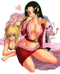 Rule 34 | 2girls, amazon lily, amazon warrior, black eyes, black hair, blonde hair, blush, boa hancock, breasts, cape, cleavage, earrings, epaulettes, fur, groin, heart, horns, jewelry, kneeling, large breasts, long hair, marguerite (one piece), multiple girls, navel, nekoguchi, one piece, salome (one piece), short hair, skull, snake, top-down bottom-up