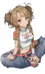 Rule 34 | 1girl, absurdres, braid, breasts, brown hair, commentary, crop top, denim, double bun, green eyes, grey pants, hair bun, hair ornament, hairclip, highres, jeans, looking at viewer, low twintails, medium breasts, midriff, navel, pants, parted bangs, pink footwear, raglan sleeves, reverse:1999, shirt, shoes, short sleeves, simple background, sitting, smile, solo, spathodea (reverse:1999), sweat, syhan, twin braids, twintails, white background, white shirt