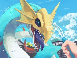 Rule 34 | :d, ^ ^, blue sky, closed eyes, cloud, colored tongue, commentary request, day, digimon, digimon (creature), dragon, closed eyes, happy, holding, holding hose, hose, house, kira (kira dra), open mouth, out of frame, pov, seadramon, sharp teeth, sky, smile, solo focus, sparkle, teeth, tongue, tongue out, twitter username, upper body, water