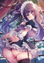 Rule 34 | 1girl, :3, absurdres, ass, back bow, blush, bow, breasts, corset, curtains, dress, falling petals, frilled dress, frilled sleeves, frills, from behind, garter straps, hair ribbon, highres, horinatu, jirai kei, large breasts, long hair, looking at viewer, looking back, maid, maid headdress, original, outdoors, panties, petals, puffy short sleeves, puffy sleeves, purple eyes, purple hair, railing, ribbon, short sleeves, skindentation, smile, solo, sweat, thighhighs, twintails, underwear, very long hair, wrist cuffs