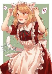Rule 34 | !?, 1girl, ahoge, animal ear fluff, animal ears, apron, blonde hair, blush, cat ears, cat tail, commentary request, commission, dress, fang, green background, long hair, maid, maid headdress, open mouth, red dress, simple background, skeb commission, skin fang, solo, tail, touhou, touhou (pc-98), unkmochi, white apron, yellow eyes, yumeko (touhou)