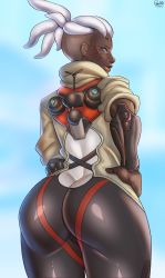 Rule 34 | 1girl, absurdres, arm at side, ass, ass focus, black bodysuit, blue sky, bodysuit, brown lips, butt crack, commentary, cyborg, dark-skinned female, dark skin, english commentary, facial mark, forehead mark, grey hair, hand on own hip, high ponytail, highres, hood, hood down, jacket, mechanical arms, medium hair, neon trim, nose, overwatch, overwatch 2, pawgg, shiny clothes, skin tight, sky, sleeves pushed up, sojourn (overwatch), solo, thick thighs, thighs, topknot, turning head, two-tone bodysuit, undercut, very dark skin, white bodysuit, wide hips