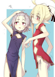 Rule 34 | 2girls, ahoge, airi (ogami kazuki), arm up, ass, blonde hair, blue background, blush, bun cover, china dress, chinese clothes, commentary request, double bun, dress, eyes visible through hair, unworn eyewear, flat chest, glasses, grey hair, hair between eyes, hair bun, hand on own head, highres, holding, holding removed eyewear, long hair, looking away, multiple girls, ogami kazuki, open mouth, original, panties, pointy ears, purple dress, red dress, red eyes, side-tie panties, sleeveless, sleeveless dress, squiggle, standing, sweat, two-tone background, underwear, white background, white panties